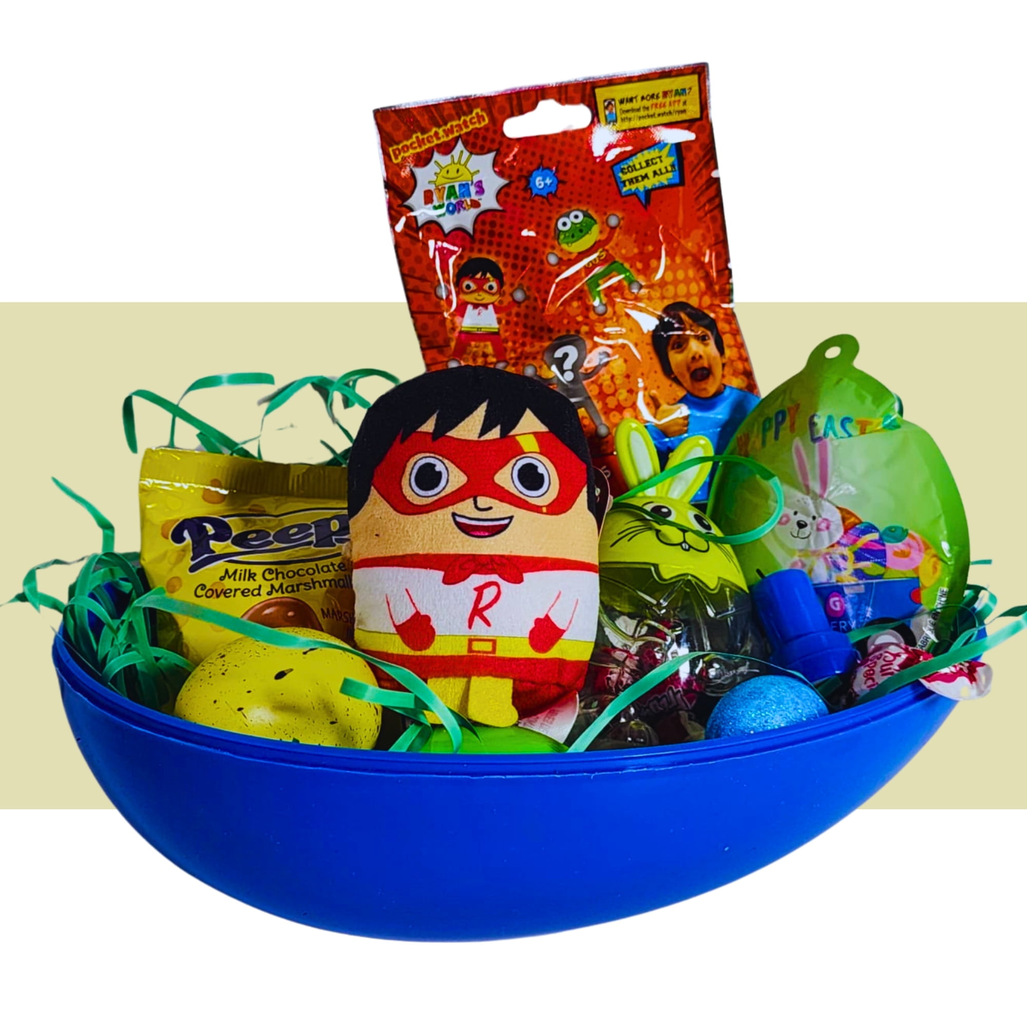 Happy Easter Basket Pre-Filled Surprise Jumbo Egg w/ Ryan's World Red Titan Plushie Balloon Eggs Peeps Candies & Reusable Plastic Egg-Shaped Container Spring Party Favors (Contents Vary)