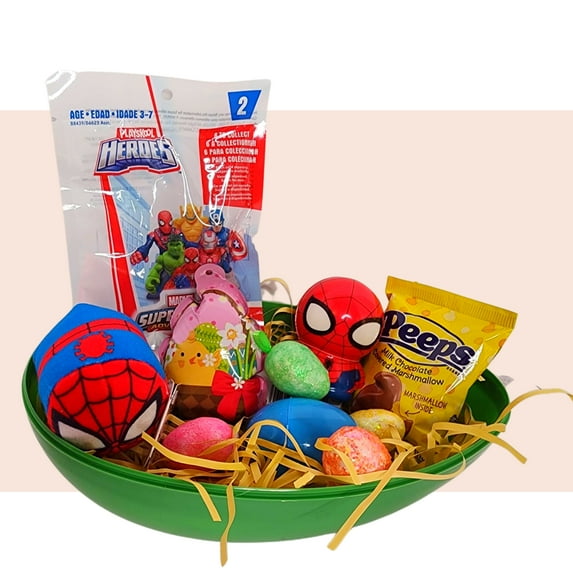 Happy Easter Basket Pre-Filled Surprise Jumbo Egg w/ Spiderman Superhero Plush Toy Kiddy Dough Figure Eggs Candies & Reusable Plastic Egg-Shaped Container Kids Spring Party Favors (Contents May Vary)