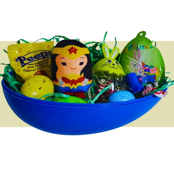 Happy Easter Basket Pre-Filled Surprise Jumbo Egg w/ Wonderwoman Superhero Plush Balloon Eggs Peeps Candies & Reusable Plastic Egg-Shaped Container Spring Party Favors (Contents May Vary)