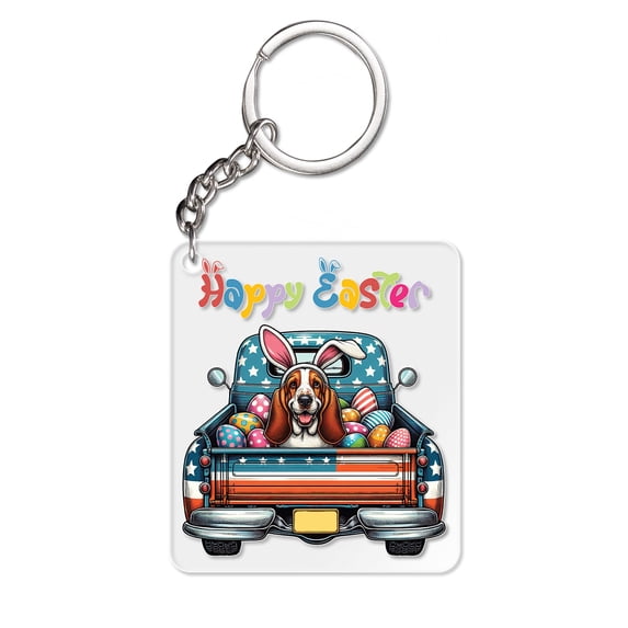 Happy Easter Basset Hound American Flag Truck Acrylic Keychain Bassets Dog Breed Lovers Gifts Idea Collar Charm Tag Keyring - 03001