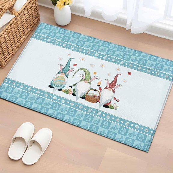 Happy Easter Bathroom Rug Washable 2x3 Entryway Rug Non Slip Cute Gnomes Eggs Blue Bunny Flowers Border Front Door Mat Low Pile Indoor Doormat Throw Floor Carpet for Kitchen Bedroom Entrance