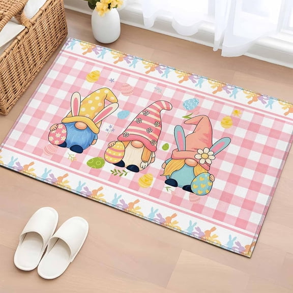 Happy Easter Bathroom Rug Washable 2x3 Entryway Rug Non Slip Funny Cute Gnomes Colorful Eggs Plaid Front Door Mat Low Pile Indoor Doormat Throw Floor Carpet for Kitchen Bedroom Entrance