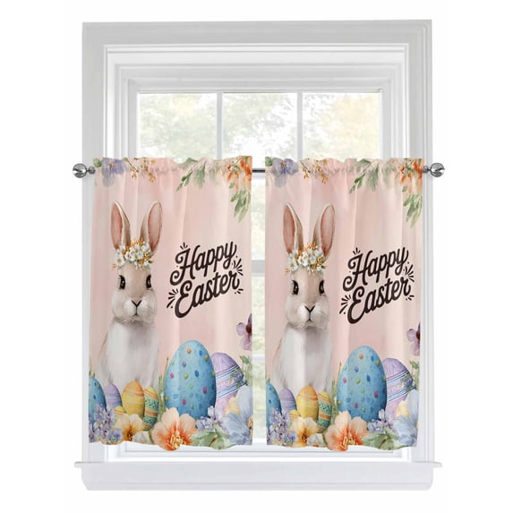 Happy Easter Bathroom Window Curtain, Spring Watercolor Bunny Eggs Flowers Pink Light Filtering Coffee Kitchen Curtains, Bedroom Living Room Curtains 2 Panel 84"x54"