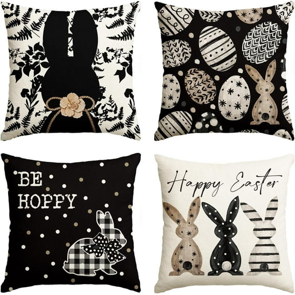 Happy Easter Be Hoppy Rabbit Easter Eggs Black Throw Pillow Covers, 20 x 20 Inch Cushion Case Decoration for Sofa Couch Set of 4
