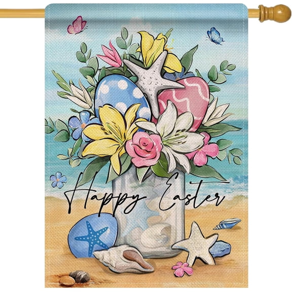 Happy Easter Beach Mason Jar Large Decorative House Flag, Coastal Lily Flower Easter Eggs Yard Garden Outside Decor, Spring Nautical Starfish Burlap Outdoor Home Decoration Double Sided 28 x 40