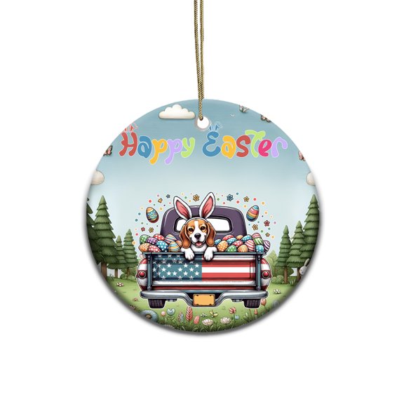 Happy Easter Beagle American Flag Truck Bunny Ears Ceramic Round Ornament Beagles Dog Lover Gifts Idea Home Tree Decor - 03001