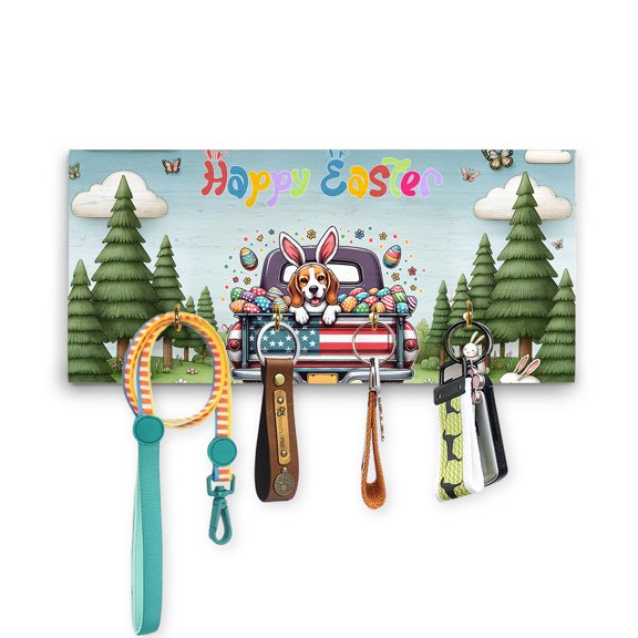 Happy Easter Beagle American Flag Truck Bunny Ears Wood Key Holder Beagles Dog Lover Gifts Idea Wall-mounted Key Rack Home Decor - 03001