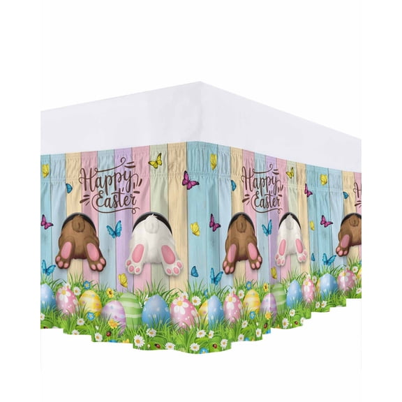 Happy Easter Bed Skirt King Size 16 Inch Drop, Brown White Bunny Tails Easter Eggs Butterfly Wood Grain Adjustable Elastic Dust Ruffles Bedskirt for King Bed Wrap Around Pleated Mattress Frame Cover