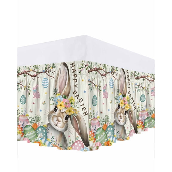 Happy Easter Bed Skirt King Size 16 Inch Drop, Bunny Floral Egg Trees Butterfly Wood Grain Adjustable Elastic Dust Ruffles Bedskirt for King Bed Wrap Around Pleated Mattress Frame Cover