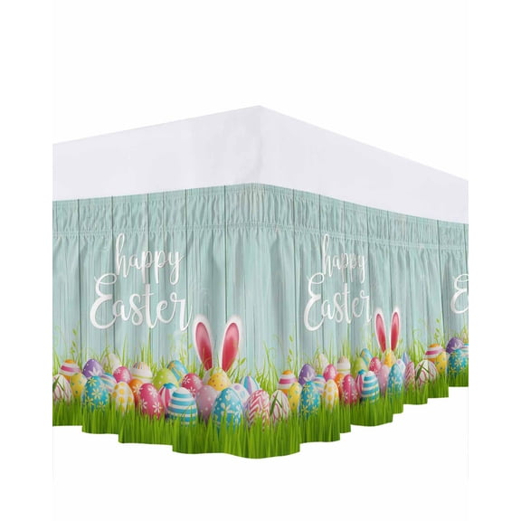 Happy Easter Bed Skirt King Size 16 Inch Drop, Cartoon Rabbit Ears Easter Egg on Grass Green Wood Grain Adjustable Elastic Dust Ruffles Bedskirt for King Bed Wrap Around Pleated Mattress Frame Cover