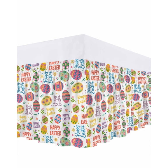 Happy Easter Bed Skirt King Size 16 Inch Drop, Watercolor Pink Yellow Green Cartoon Eggs Floral Greenery Adjustable Elastic Dust Ruffles Bedskirt for King Bed Wrap Around Pleated Mattress Frame Cover