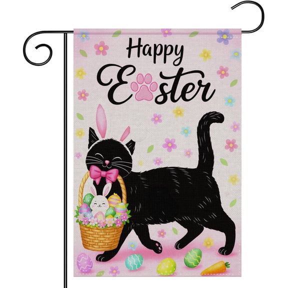 Happy Easter Black Cat Garden Flag 12 x 18 Inch Double Sided, Cute Bunny Ears Kitty with Egg Basket Yard Flag for Outdoor Porch Lawn Patio Garden Spring Holiday Decor