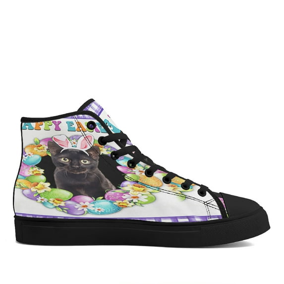 Happy Easter Black Cat High Top Canvas Shoes Sneakers Black Size 5