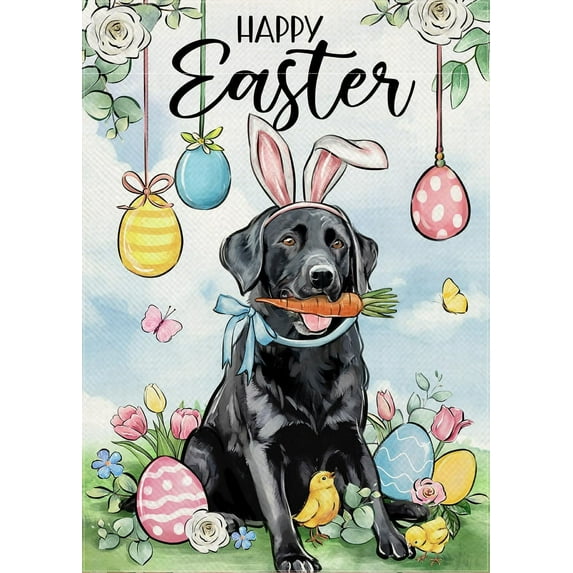 Happy Easter Black Labrador Dog Decorative Garden Flag, Puppy Eggs Bunny Ears Chick Flowers Yard Outside Decorations, Floral Rabbit Carrot Outdoor Small Burlap Home Decor Double Sided 12 x 18