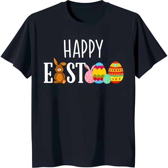 Happy Easter Black T-Shirt with Carrot & Colorful Eggs Graphic Design