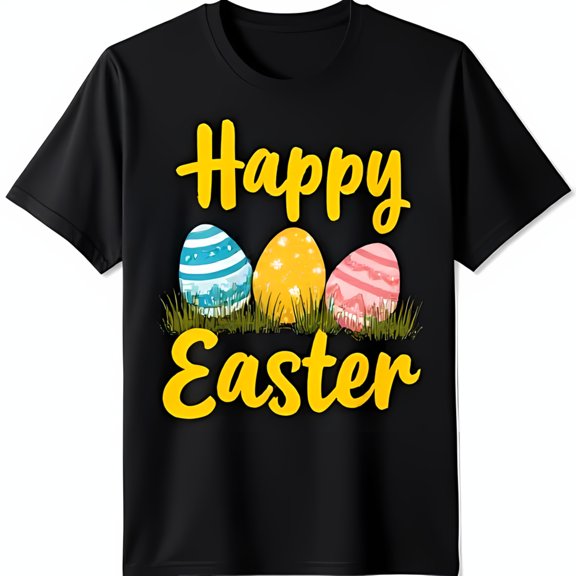 Happy Easter Black T-Shirt with Colorful Easter Eggs in Grass Festive Spring