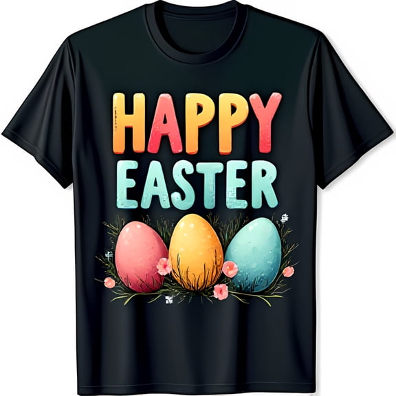 Happy Easter Black T-Shirt with Colorful Eggs and Whimsical Design