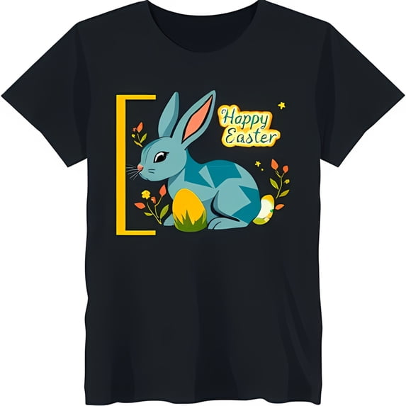 Happy Easter Black T-Shirt with Cute Cartoon Rabbit & Colorful Flowers