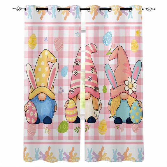 Happy Easter Blackout Curtains 45 Inches Long, Kitchen Black Out Window Treatments, Funny Cute Gnomes Colorful Eggs Plaid Thermal Insulated Lined Drapes for Small Window with Grommet 42"x45"