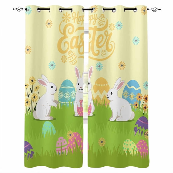 Happy Easter Blackout Curtains 90 Inch Length 2 Panels Set for Living Room Bedroom, Rabbits Eggs Spring Daisy Floral Grass Yellow Privacy Window Treatment Thermal Insulated Black Out Drapes 52"x90"