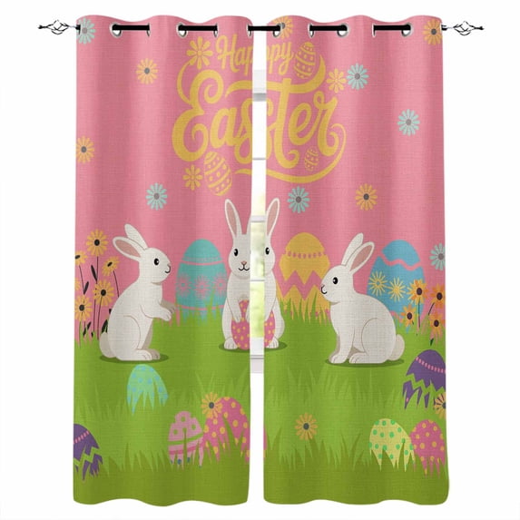 Happy Easter Blackout Curtains 96 Inch Length 2 Panels Set, Rabbits Eggs Spring Daisy Floral Grass Pink Full Shading Curtains for Windows, Blackout Curtains for Bedroom Living Room 52"x96"
