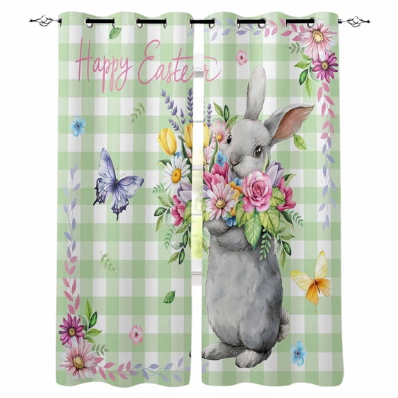 Happy Easter Blackout Curtains for Bedroom Living Room Darkening Curtains 54 Inch Long Cute Bunny Spring Flowers Butterfly Green Plaid Short Curtain for Small Window Treatment Drapes 42"x54"x2