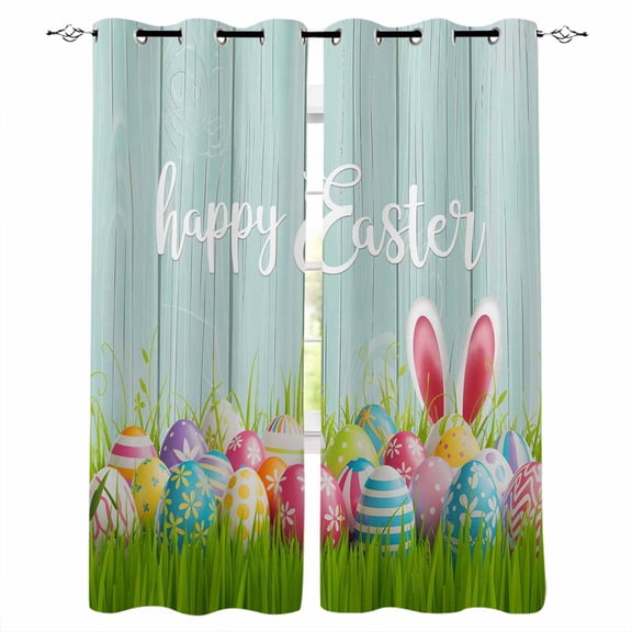 Happy Easter Blackout Curtains for Bedroom Living Room Darkening Curtains 63 Inches Long Spring Cute Rabbit Ears Grass Wooden Grain Window Curtain 2 Panels Set Window Treatment Grommet Drapes 42"x63"
