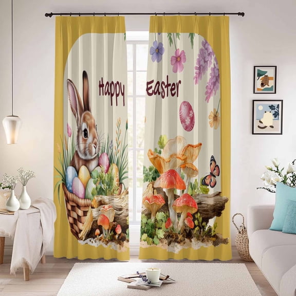 Happy Easter Blackout Curtains for Bedroom/Living Room, Pinch Pleated Black Out Curtains, Bunny Eggs Spring Mushrooms Floral Rustic Yellow Room Darkening Window Drapes with Hooks 2 Panels, 59"x70"