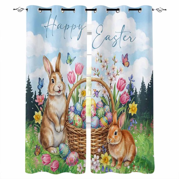 Happy Easter Blackout Curtains for Bedroom/Living Room, Thermal Insulated Kitchen Curtains, Spring Cute Rabbits Eggs Floral Plants Watercolor Grommet Darkening Window Treatment Drapes 42"x63"x2