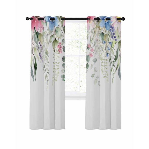 Happy Easter Blackout Curtains for Bedroom Living Room, Watercolor Spring Pink Blue Flower Eucalyptus Leaf Plant 45 In Long Thermal Insulated Room Darkening Drapes Grommet Window Treatments, 42x45 In