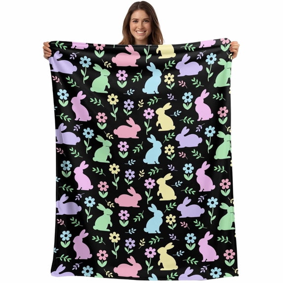 Happy Easter Blanket Soft Cozy Warm Throw Blanket for Couch, Plush Fuzzy Flannel Fleece Blankets for Sofa, Spring Colorful Bunny Floral Rustic Black Bed Blankets Lightweight Gifts for Women, 32"x48"