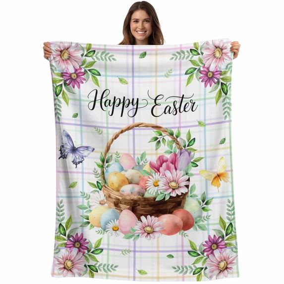 Happy Easter Blanket Soft Cozy Warm Throw Blanket for Couch, Plush Fuzzy Flannel Fleece Blankets for Sofa, Spring Daisy Eggs Leaves Butterfly Colorful Plaid Bed Blankets Gifts for Men, 30"x40"