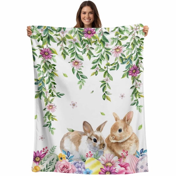 Happy Easter Blanket Soft Cozy Warm Twin Blanket for Bed, Plush Fuzzy Flannel Fleece Blankets for Sofa, Cutte Rabbits Eggs Floral Plants Watercolor Throw Blankets for Couch, Gifts for Men, 60"x80"