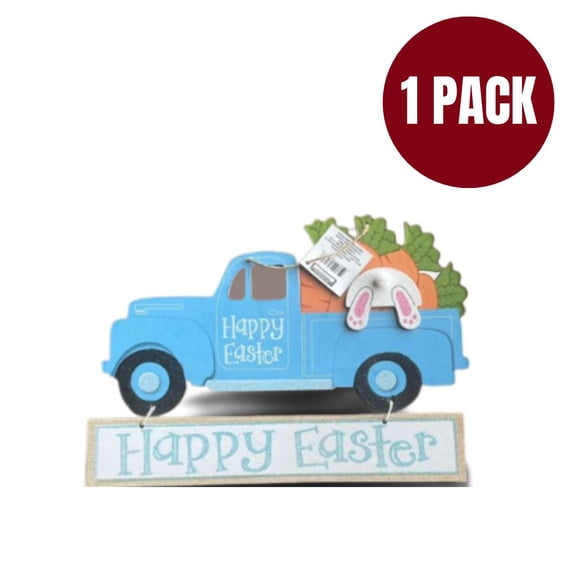 Happy Easter Blue Truck Hanging Sign with Bunny & Carrots, Rustic Spring Easter Decoration, Farmhouse Easter Door Wall Decor, Holiday Bunny Truck Sign – 1 Pack
