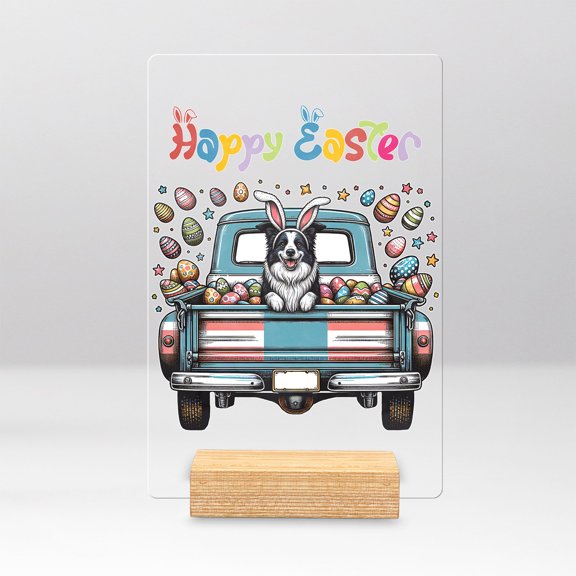 Happy Easter Border Collie American Flag Truck Acrylic Plaque Sign Ashwood Base Borders Dog Lovers Gifts Idea Home Desk Decor - 03001