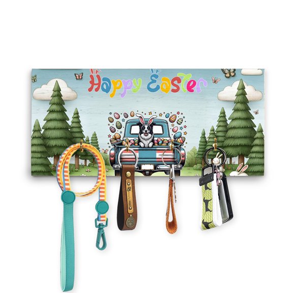 Happy Easter Border Collie American Flag Truck Wood Key Holder Borders Dog Lovers Gifts Idea Wall-mounted Key Rack Home Decor - 03001