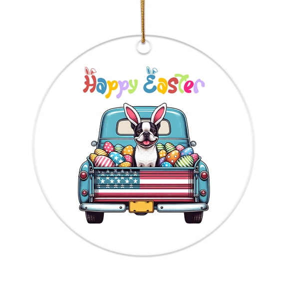 Happy Easter Boston Terrier American Flag Truck Bunny Ears Acrylic Round Ornament Gentleman Dog Lover Gifts Home Tree Decor - 03001