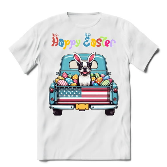 Happy Easter Boston Terrier American Flag Truck Bunny Ears Shirt T-shirt Unisex Merch Gentleman Dog Lover Gifts - 03001