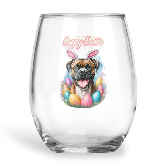 Happy Easter Boxer with Bunny Ear Headband and Flowers 15oz Stemless Wine Glass Mug Boxers Dog Lover Gifts Idea Wine Glasses Cup - 13001