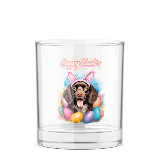 Happy Easter Boykin Spaniel with Bunny Ear Headband and Flowers 11oz Whiskey Glass Mug Dog Lover Whiskey Cocktail Glasses Cup - 13001