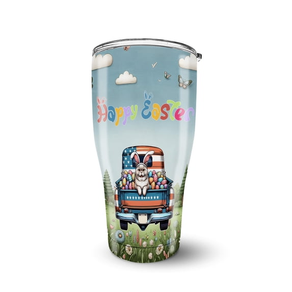 Happy Easter British Shorthair American Flag Truck 30oz Stainless Steel Tumbler Insulated Cup with Lid Cat Lover Kitten Owner Gifts - 03001