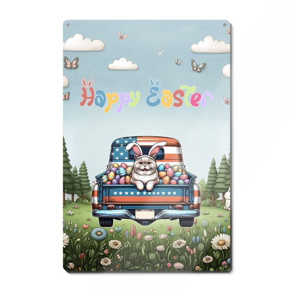 Happy Easter British Shorthair American Flag Truck Vertical Metal Aluminum Sign Cat Lover Kitten Owner Gifts Wall Art Home Decor - 03001
