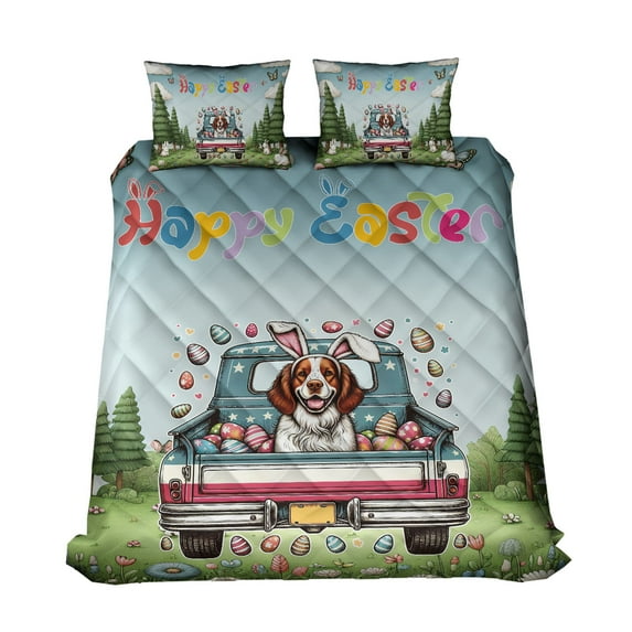 Happy Easter Brittany Spaniel American Flag Truck Quilt Bedding Set Brittany Dog Lover Gifts Idea 1 Blanket Bed Cover 2 Pillowcases - 03001