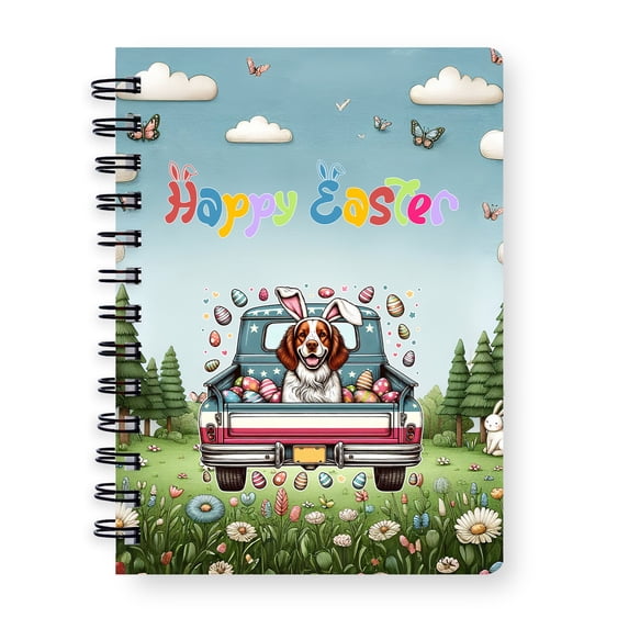 Happy Easter Brittany Spaniel American Flag Truck Spiral Bound Journal Brittany Dog Lover Gifts Idea 5x7in Spiral Notebook - 03001