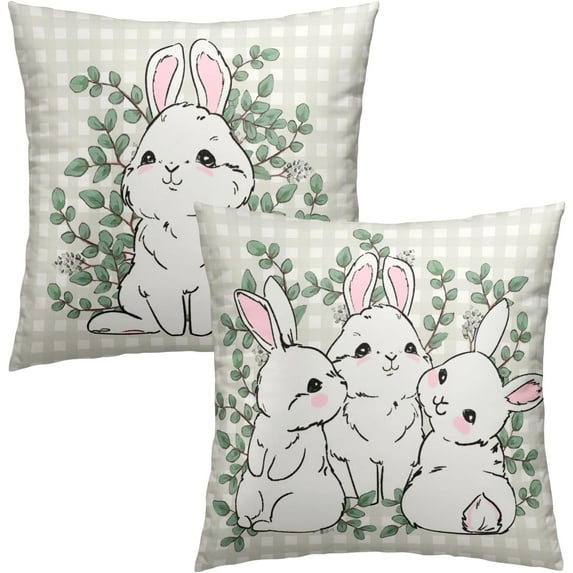 Happy Easter Buffalo Plaid Rabbit Pillow Covers 20x20 Inch Eucalyptus Leaves Spring Decorative Throw Pillow Covers Set of 2 Farmhouse Pillowcases Cotton Cushion Covers for Couch Bed Sofa Chair Decor