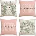 thumbnail image 1 of Happy Easter Buffalo Plaid Rabbit Pink Throw Pillow Cover, 16 x 16 Inch Eucalyptus Leaves Hello Spring Cushion Case Decoration for Sofa Couch Set of 4, 1 of 6