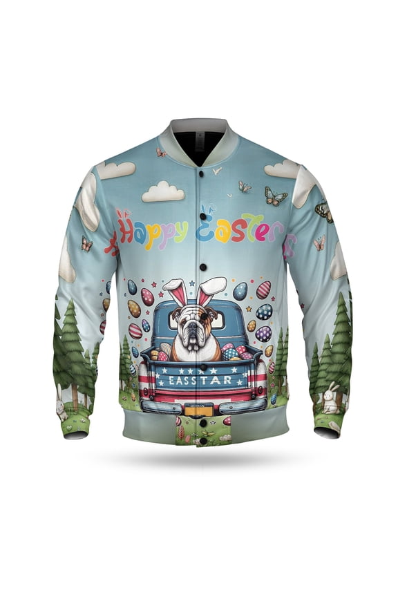 Happy Easter Bulldog American Flag Truck Bunny Ears All Over Print 3D Baseball Jacket Dog Lover Gifts Idea Bomber Jacket Softball - 03001