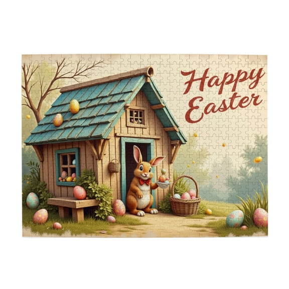 Happy Easter Bunny 500Piece Adult Jigsaw Puzzle Charming Cottage Scene, Colorful Eggs, Relaxing & Challenging Puzzle, Fun Easter Activity, Great Gift For Adults