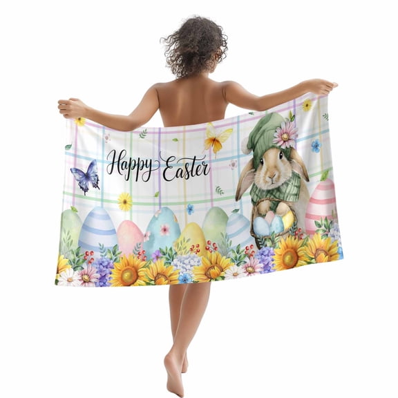 Happy Easter Bunny Beach Towels Blanket Soft&Absorbent Quick Dry Microfiber Spring Flowers Butterflies Pool Towels for Swimming ,Yoga, Sports, Gym, Camping,Large 35X70in, Color Plaid