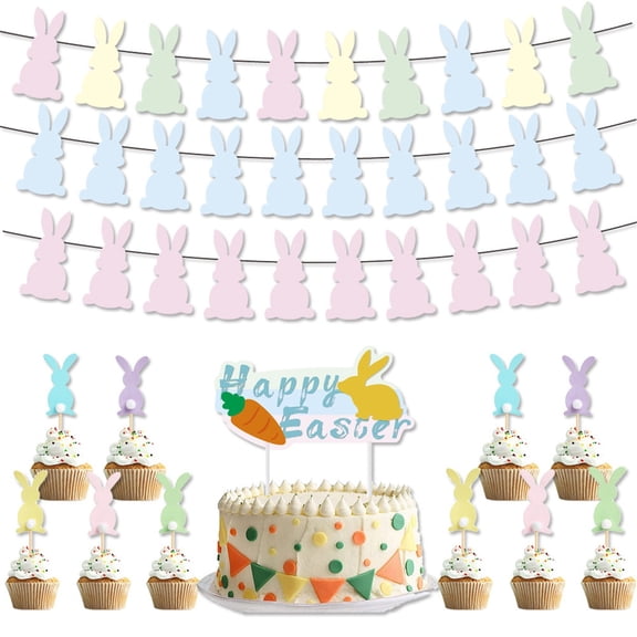 Happy Easter Bunny Bunting Garland Multicolor Rabbit Banner with Carrots and Eggs for Home Party Wall Mantel and Spring Holiday Supplies